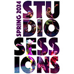 Spring Studio Sessions poster shows various dancer performance photos, within the text of the title, which is printed in thick block letters in four decks: S-T-U, D-I-O, S-E-S-S, I-O-N-S. The text 